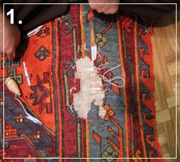rug repair: rug hole reweaving step of repairing - step 1